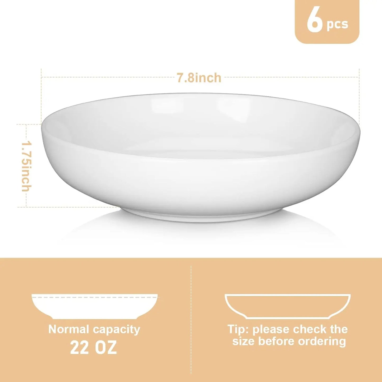 22 oz Porcelain Pasta Bowls Set (6-Pack) – Large Ceramic Serving Plates for Pasta, Salad & Soup, Dishwasher Safe