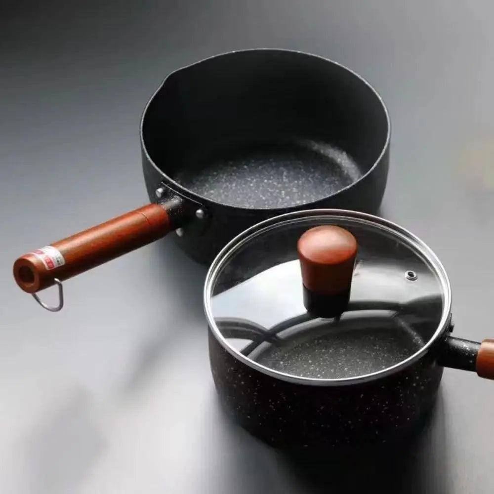 Nonstick Japanese-Style Milk Pot with Lid – Wood Handle Saucepan for Soup, Noodles & Cooking