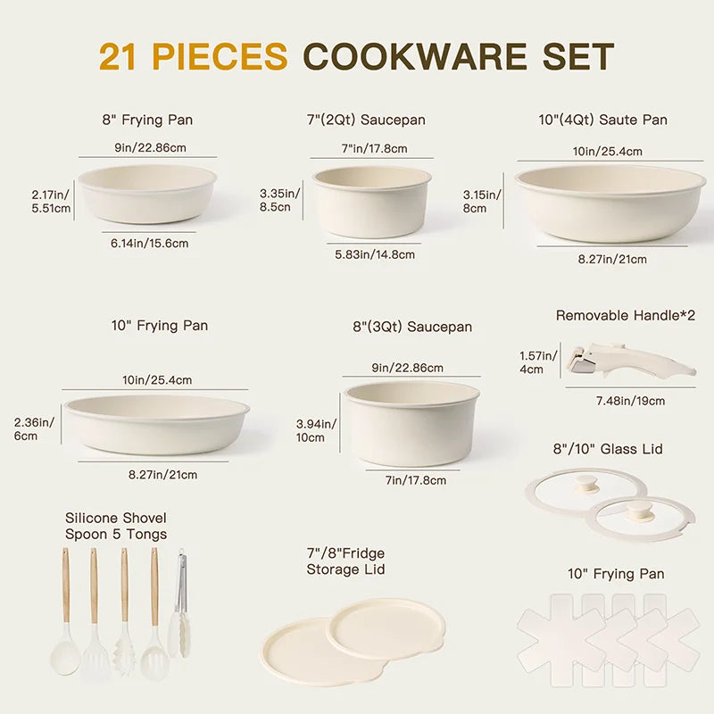 Astercook 21-Piece Ceramic Pots and Pans Set – Nonstick Cookware with Sensor Handles, Milky White