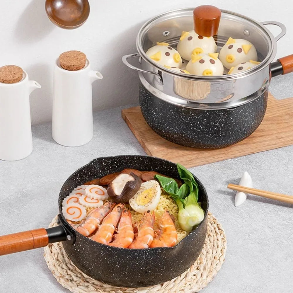 Nonstick Japanese-Style Milk Pot with Lid – Wood Handle Saucepan for Soup, Noodles & Cooking