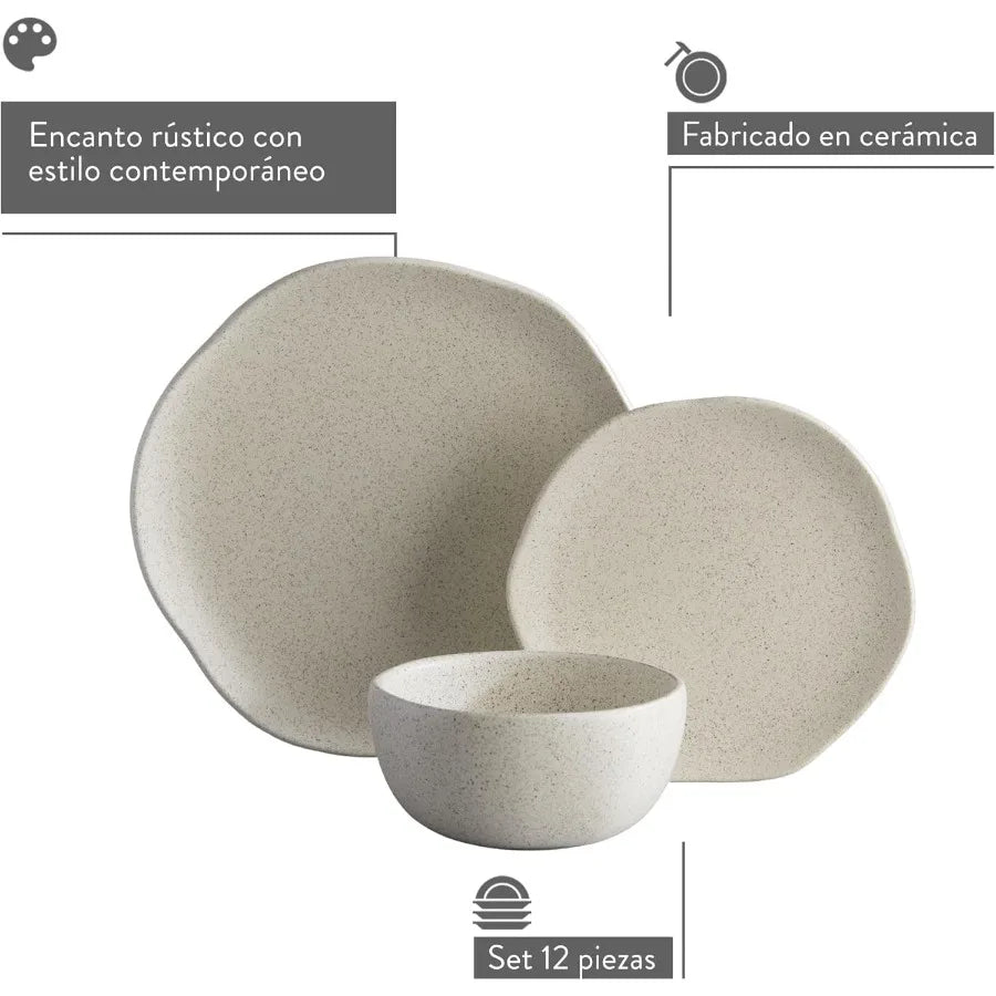 Corona 12-Piece Ceramic Dinnerware Set – Plates & Bowls for 4, Microwave & Dishwasher Safe, Orion Reactive Glaze