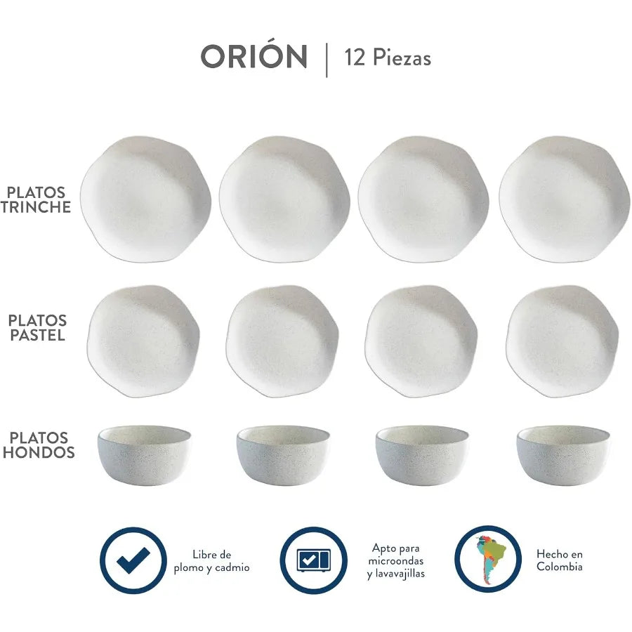 Corona 12-Piece Ceramic Dinnerware Set – Plates & Bowls for 4, Microwave & Dishwasher Safe, Orion Reactive Glaze