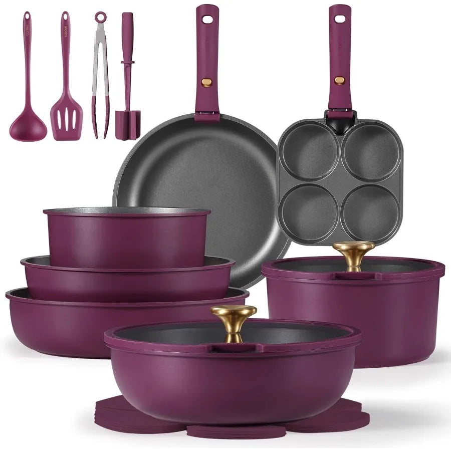 21-Piece Nonstick Pots and Pans Set – Induction Cookware with Detachable Handles, Space-Saving Stackable Design