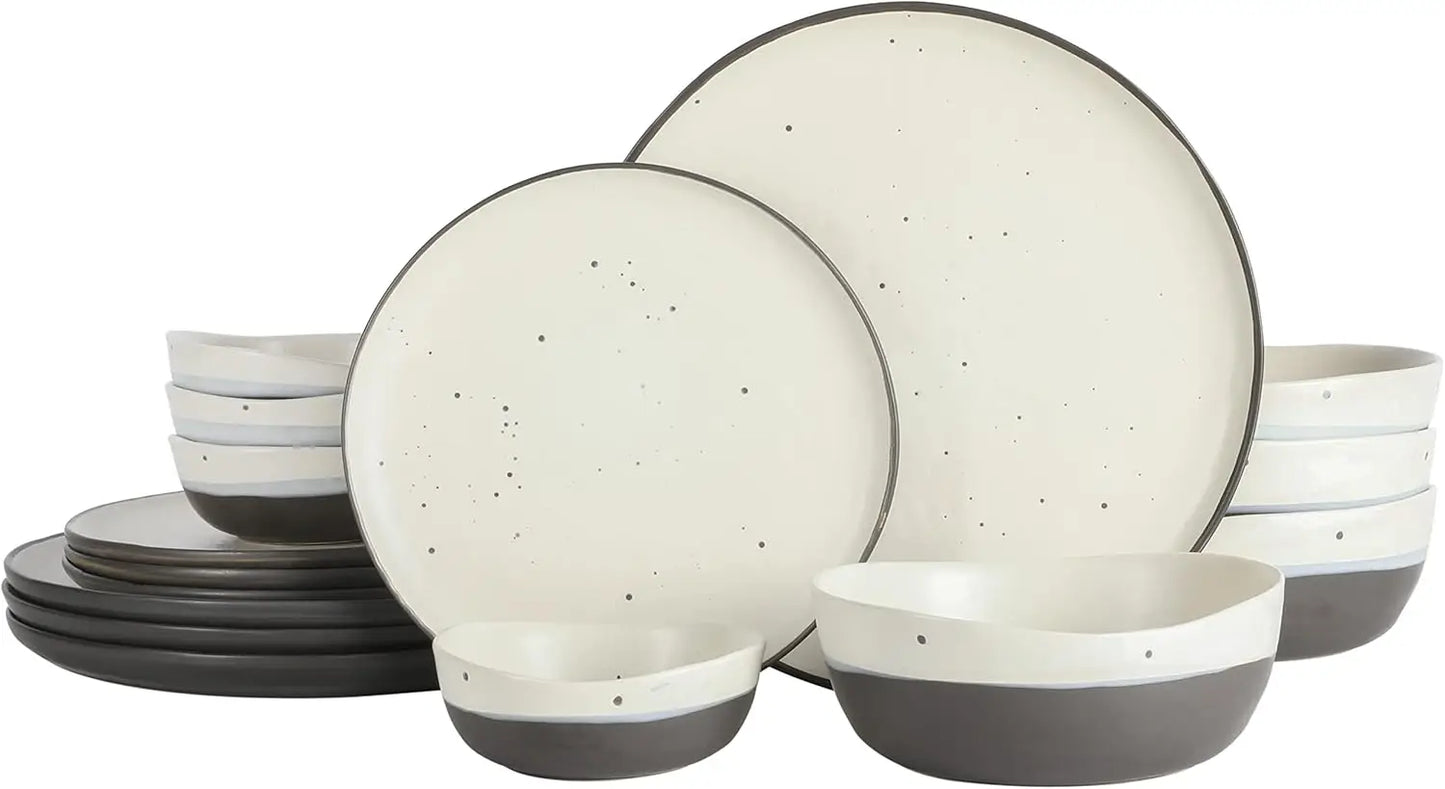 Rhinebeck Dinnerware Set for 4 (16-Piece) – Double Bowl Design, Modern White & Black Stoneware